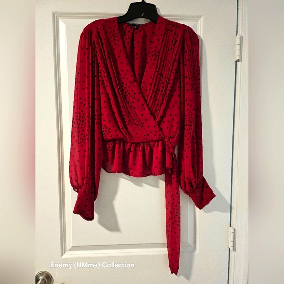 Express Tops - Red heart-shaped Polka Dot Wrap Top